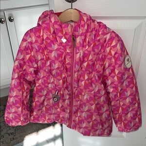 Obermeyer girls’ Iris Winter Jacket in pink cartwheel print